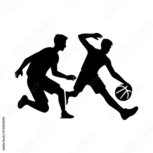 Modern Minimalist Men Playing One on One Basketball Icon, Flat Silhouette of a Sports Duel Vector for Athletic Illustration Design