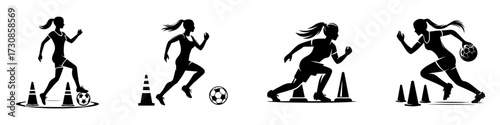 Modern Minimalist Women Training with Football Cones Icon, Flat Silhouette of a Sport Athlete Vector for Soccer Illustration Design