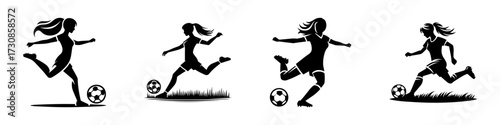 Modern Minimalist Women Kicking Football on Field Icon, Flat Silhouette of a Sport Athlete Vector for Soccer Illustration Design