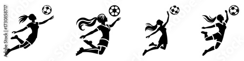 Modern Minimalist Women Heading Football in Air Icon, Flat Silhouette of a Sport Athlete Vector for Soccer Illustration Design
