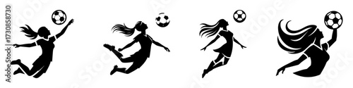 Modern Minimalist Women Jumping with Ball Icon, Flat Silhouette of a Sport Athlete Vector for Game Illustration Design