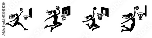 Modern Minimalist Woman Jumping for Basketball Rebound Icon, Flat Silhouette of a Sports Action Vector for Athletic Illustration Design