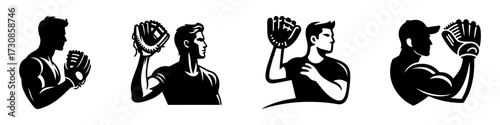 Modern Minimalist Man Lifting Baseball Glove Icon, Flat Silhouette of a Half-Body Sports Vector for Athletic Illustration Design