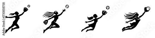 Modern Minimalist Woman Catching Baseball Icon, Flat Silhouette of a Sports Action Vector for Athletic Illustration Design