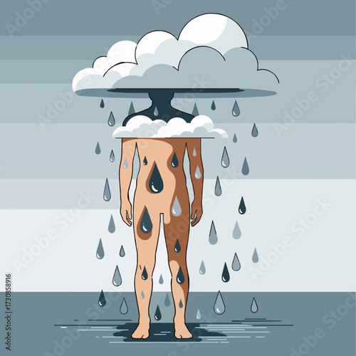Surreal illustration of a man whose head is a storm cloud, symbolizing a state of depression, bad mood, and emotional despair