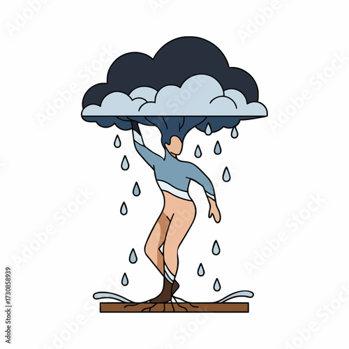 Conceptual illustration of a person with tree roots holding a rain cloud, symbolizing resilience and growth through adversity