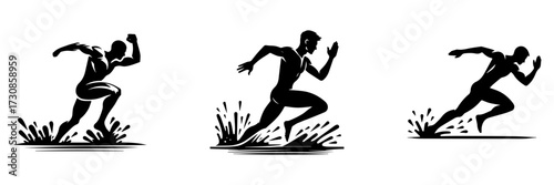 Modern Minimalist Men Sprinting in Water Race Icon, Flat Silhouette of a Sport Athlete Vector for Competition Illustration Design