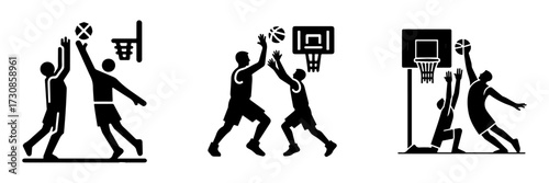Modern Minimalist Men Blocking Basketball Icon, Flat Silhouette of a Sports Action Vector for Athletic Illustration Design