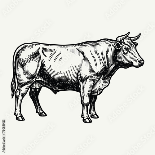 Vintage detailed engraving of a standing bull, showcasing its muscular form and horns, in a classic farm animal illustration style.