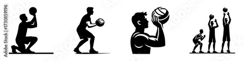 Modern Minimalist Men Practicing Basketball Icon, Flat Silhouette of a Free Throw Action Vector for Athletic Illustration Design