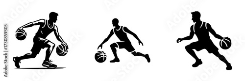 Modern Minimalist Women Dribbling Basketball Icon, Flat Silhouette of a Sports Action Vector for Athletic Illustration Design