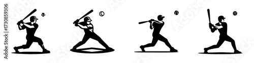 Modern Minimalist Men Playing Baseball Icon, Flat Silhouette of a Sports Action Vector for Athletic Illustration Design