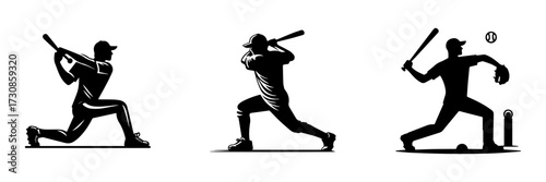 Modern Minimalist Men Practicing Baseball Icon, Flat Silhouette of a Batting Action Vector for Athletic Illustration Design