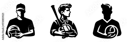 Modern Minimalist Man Holding Baseball Icon, Flat Silhouette of a Sports Action Vector for Athletic Illustration Design