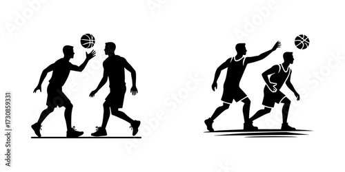 Modern Minimalist Men Shadow Basketball Icon, Flat Silhouette of a Sports Action Vector for Athletic Illustration Design