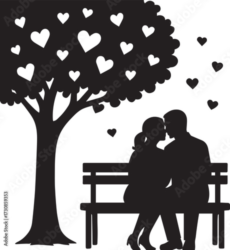 A couple sitting on a park bench under a tree. The tree is adorned with heart-shaped leaves, and more hearts are floating in the air around them, suggesting a romantic and affectionate theme.