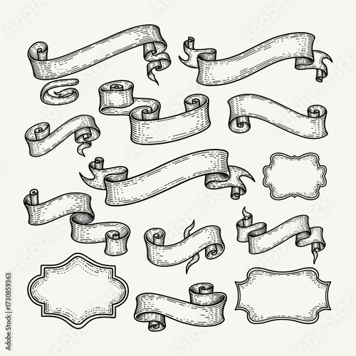 A collection of vintage engraved scroll banners and ornate frames in a detailed black and white illustration style.