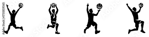 Modern Minimalist Men Celebrating Basketball Icon, Flat Silhouette of a Sports Victory Vector for Athletic Illustration Design