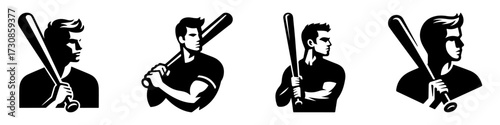 Modern Minimalist Man Holding Baseball Bat Icon, Flat Silhouette of a Half-Body Sports Vector for Athletic Illustration Design
