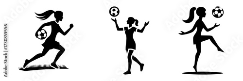 Modern Minimalist Women Juggling Football with Feet Icon, Flat Silhouette of a Sport Athlete Vector for Soccer Illustration Design