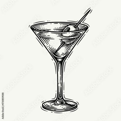 Vintage engraved style illustration of a classic martini cocktail with an olive on a skewer in a stemmed glass.
