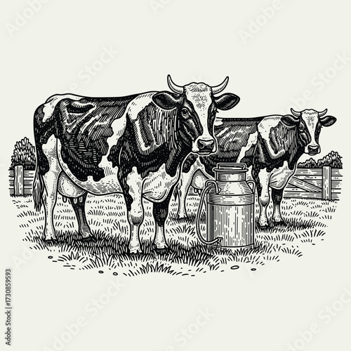 Vintage engraving of two dairy cows and a milk can in a rural farm setting with a wooden fence.