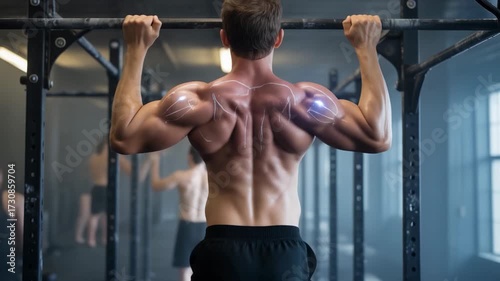 Muscular athlete performs pull-ups at the gym, showcasing back and shoulder muscle definition with detailed body structure graphics