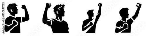 Modern Minimalist Men Celebrate by Raising Their Hands Icon, Flat Silhouette of a Sport Athlete Vector for Victory Illustration Design