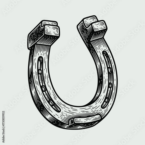 Vintage engraved style horseshoe, a classic symbol of good luck and fortune, rendered with detailed cross-hatching.