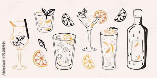 Collection of hand drawn refreshing summer cocktails and drinks with citrus slices and garnishes