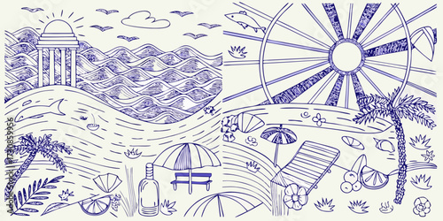 Whimsical hand drawn beach scene with ocean waves ferris wheel palm trees beach chairs and umbrellas
