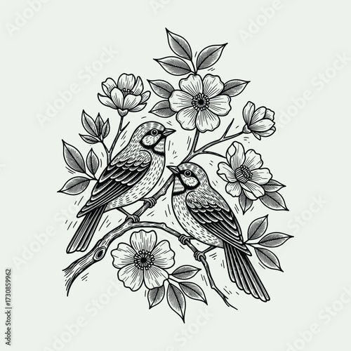 Detailed black and white illustration of two birds perched on a flowering branch with leaves, in a vintage engraving style.
