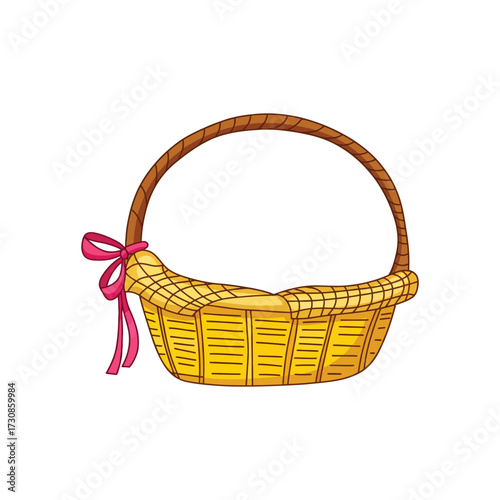 Shallow Cartoon Basket with Yellow Bow Outline Vector Simple Decorative Element for Spring Gifts and Clipart