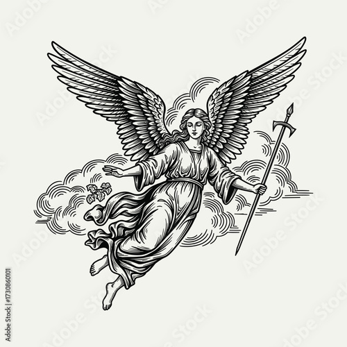 Vintage engraving of a winged angel holding a sword and flowers, flying through clouds in a classical style.