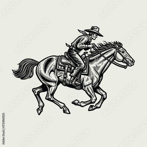 Vintage black and white illustration of a cowboy riding a galloping horse in a dynamic Western scene.