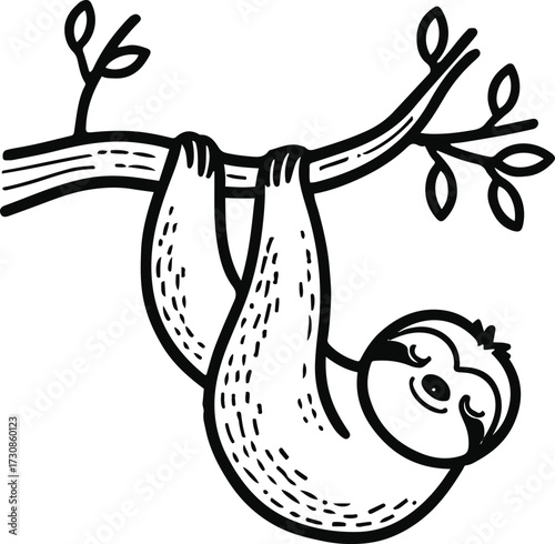 Minimal sloth hanging upside down from tree branch, thick line art