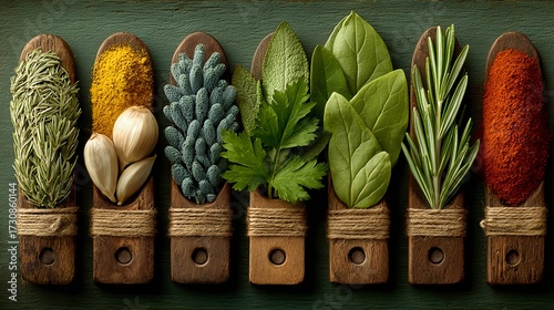 Colorful assortment of spices and herbs in wooden containers