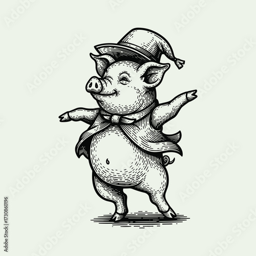 Happy cartoon pig wearing a top hat and bow tie, standing and posing in a vintage engraving style illustration.