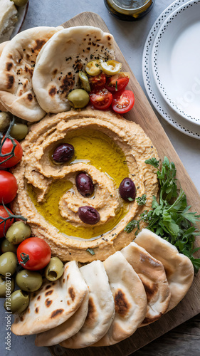 Vibrant hummus platter featuring a swirl of olive oil, olives, cherry tomatoes, warm pita, flatbread, and fresh herbs on a wooden board for a communal, Mediterranean-inspired dining experience.