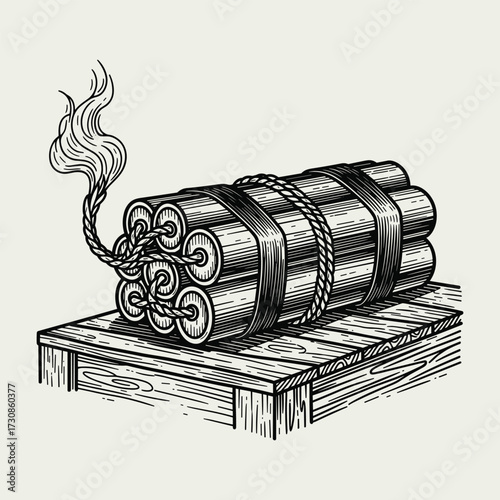 Vintage engraving of a bundle of dynamite sticks with a lit fuse on a wooden surface, depicting an explosive device.