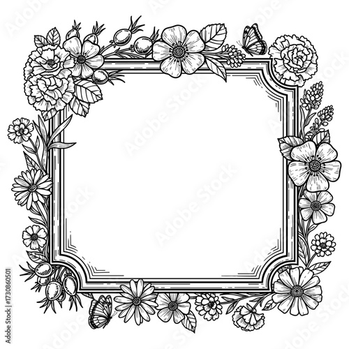 Vintage engraved floral frame with blooming flowers, leaves, rose hips, and a butterfly, in a black and white botanical illustration style.