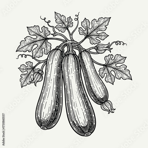 Vintage engraving of three fresh zucchinis on a vine with leaves and blossoms, depicting a harvest of summer squash.