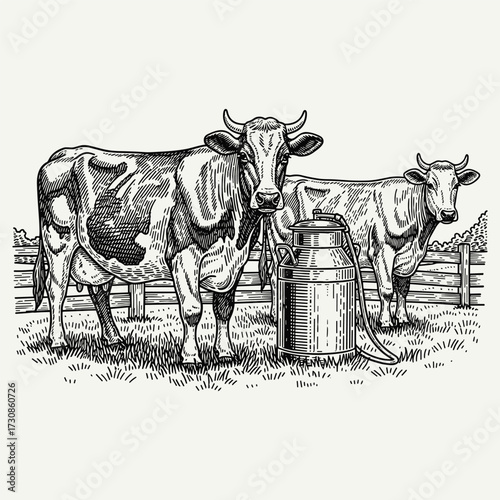 Vintage engraving of two cows and a milk can on a farm, depicting dairy farming and rural life.