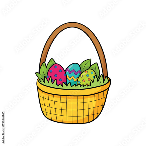Round Basket with Three Colorful Eggs Outline Vector Minimalist Cartoon Drawing for Simple Easter Graphics