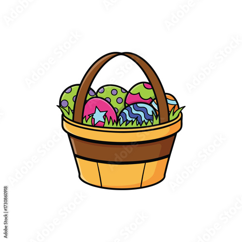 Cartoon Basket with Small Eggs Outline Vector Clipart Simple Spring Decoration for Holiday Greeting and Digital Projects