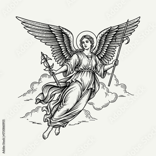 Detailed engraving of a winged angel with a halo, holding a staff and lily, flying gracefully above clouds.