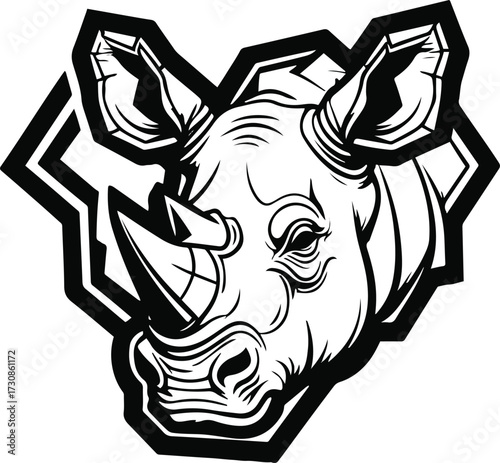  Rhinoceros head with geometric horns, thick tribal-style outline