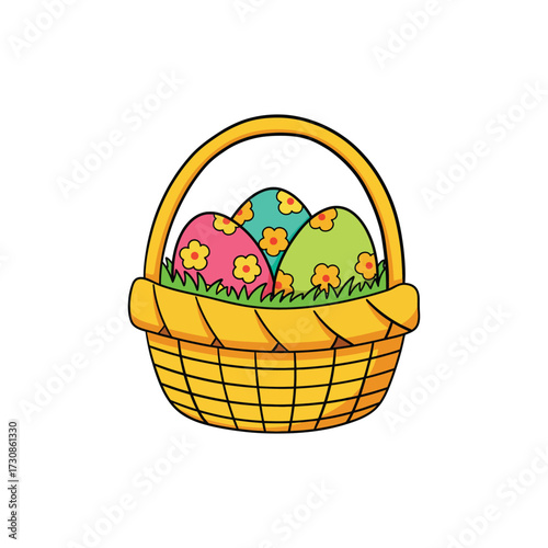 Wicker Basket with Patterned Eggs Outline Vector Art Detailed Cartoon Drawing for Easter Holiday Festival