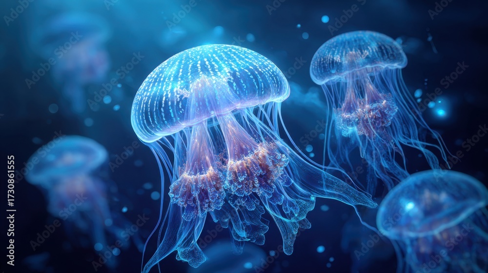 Naklejka premium Bioluminescent jellyfish glide through the dark sea illuminating their surroundings with blue and purple hues as they navigate the deep ocean currents.