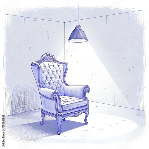 Vintage velvet chair under spotlight in dark concrete room
